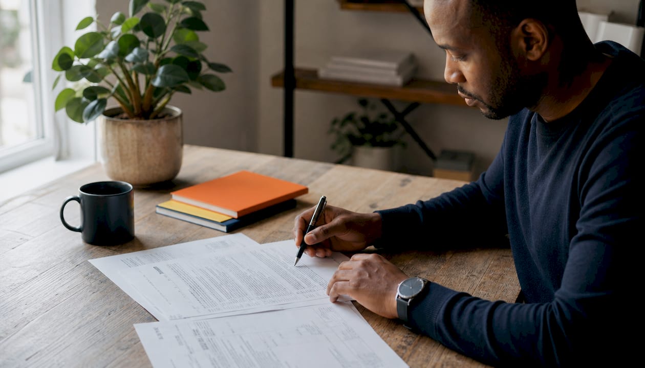 Hands reviewing business tax documents on office desk