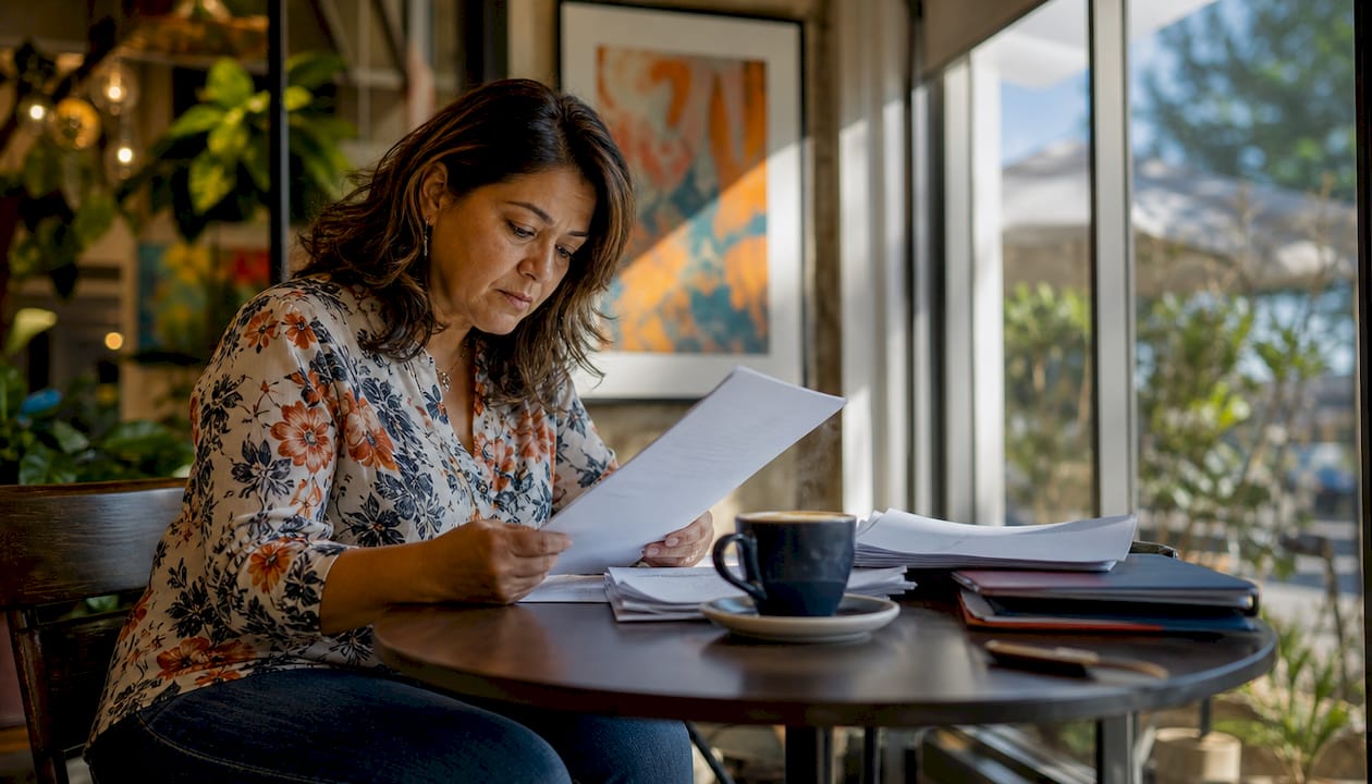 Business owner sorting tax documents at home office