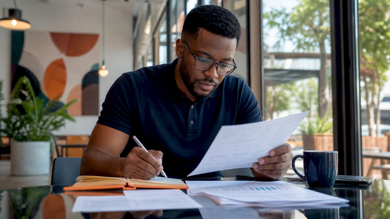 Entrepreneur reviewing mortgage documents in home office