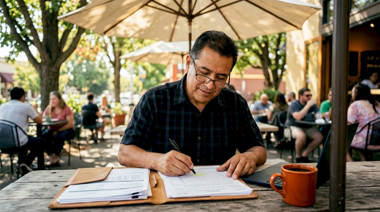 Man highlighting tax documents in café for mortgage