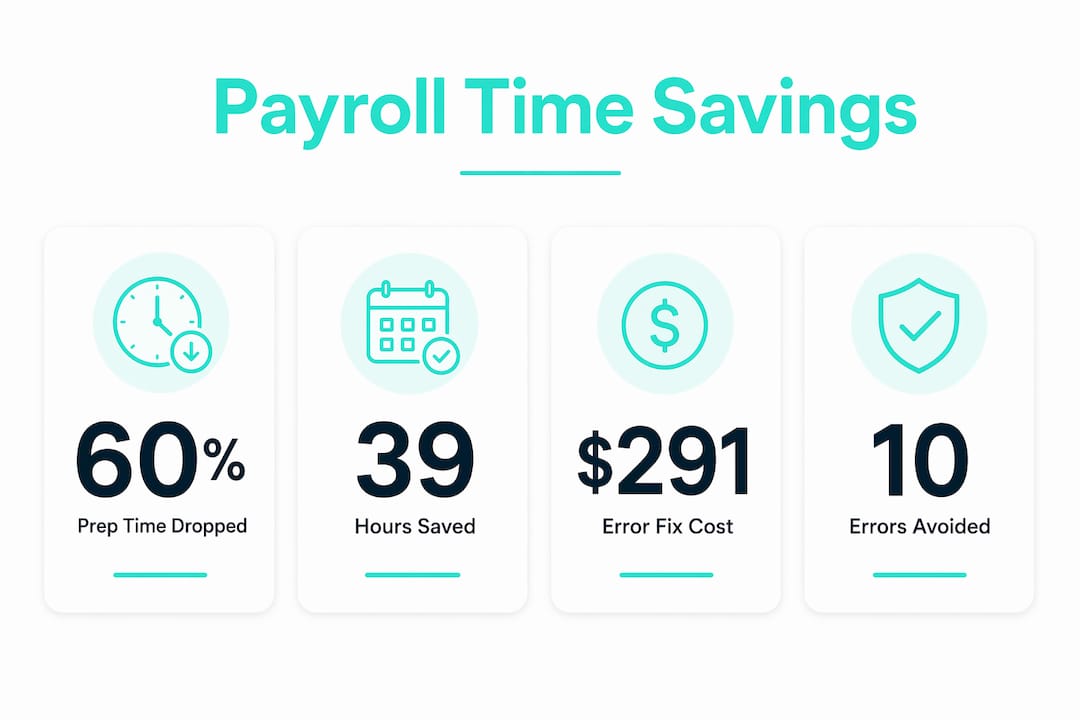 Infographic showing payroll time and cost savings statistics