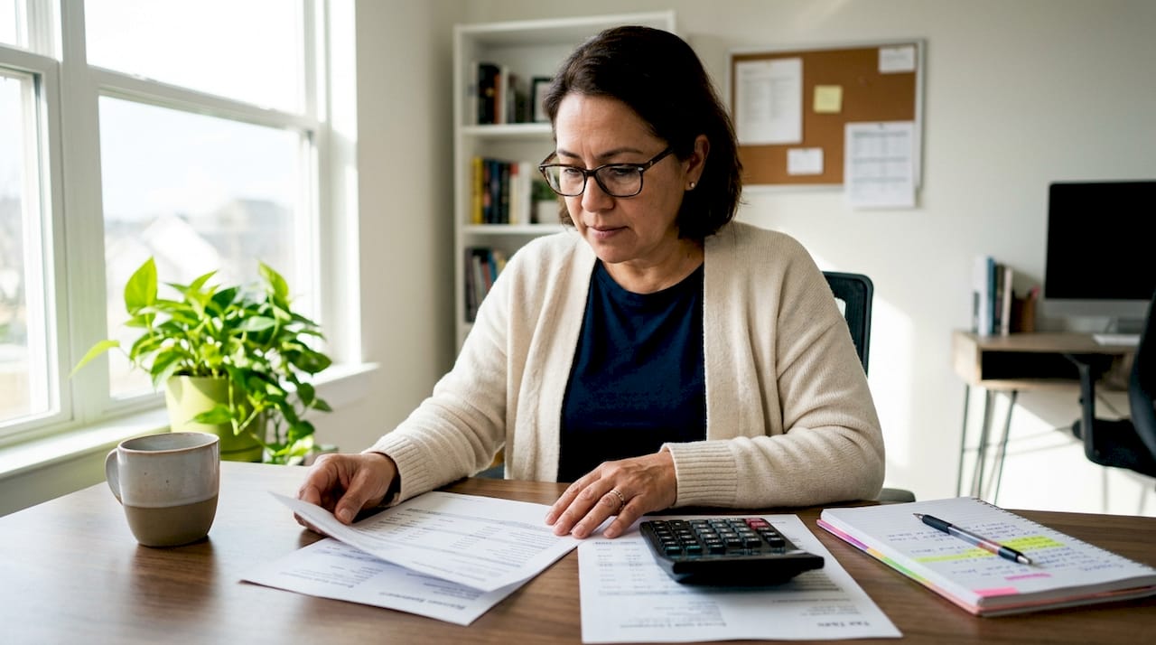 Woman reviewing business bank statements at home desk