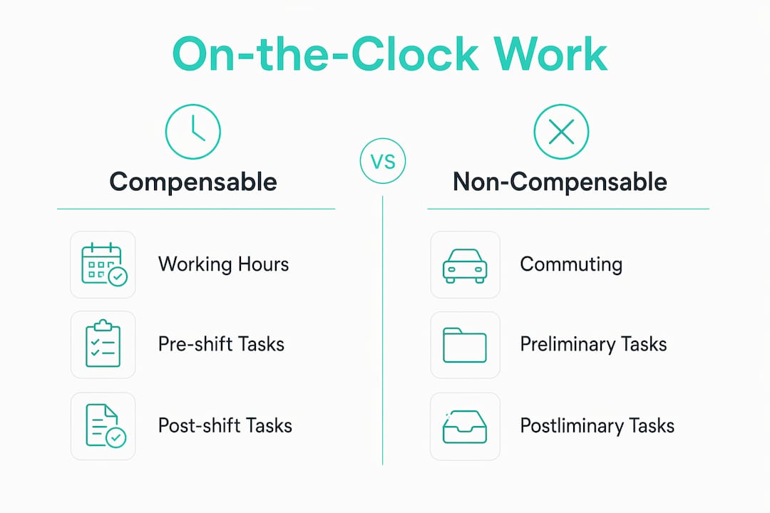 Infographic depicting compensable vs non-compensable on-the-clock work