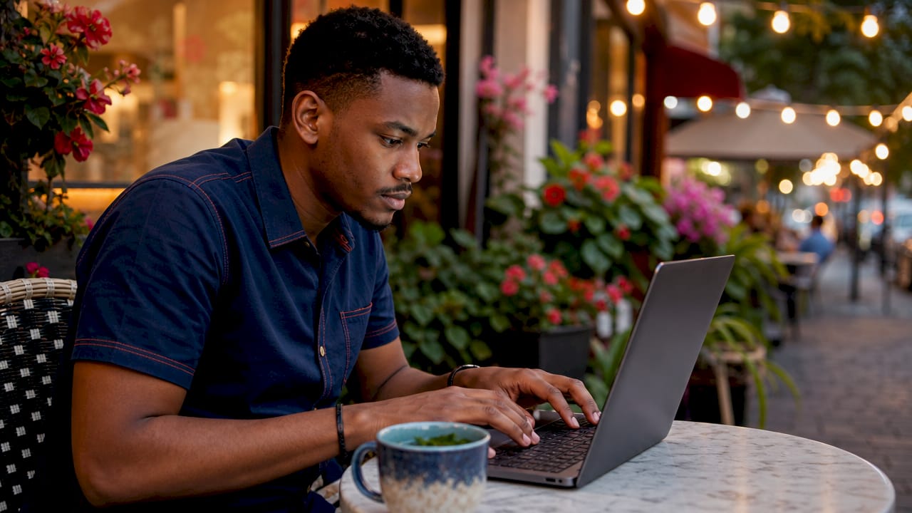 Self-employed man checking bank statements in home office
