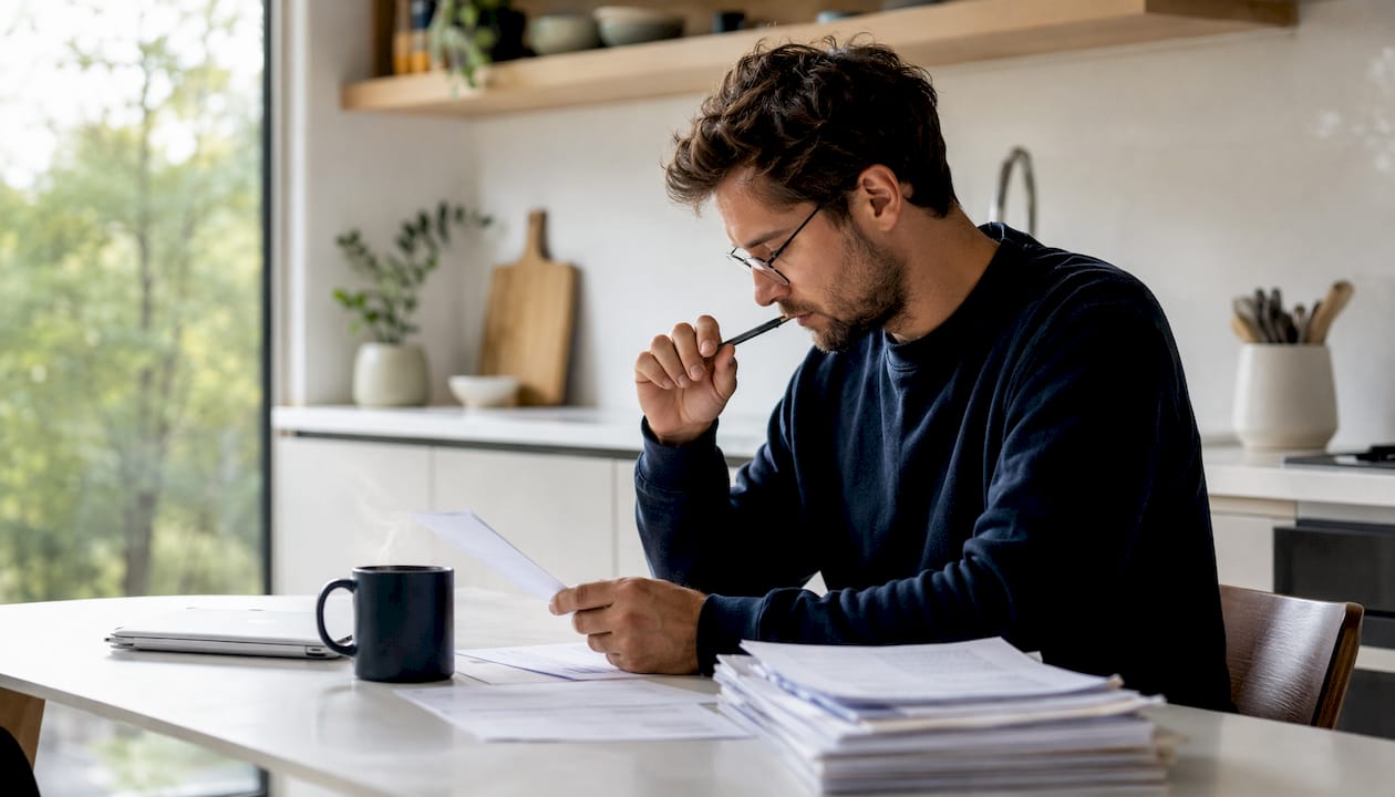 Freelancer reviewing income documents at home desk