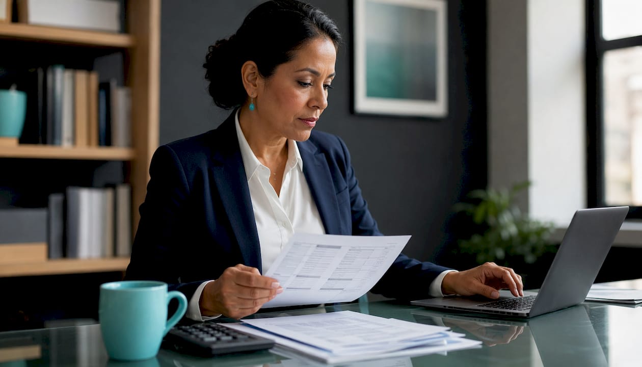 Payroll manager inspecting timesheets in bright office