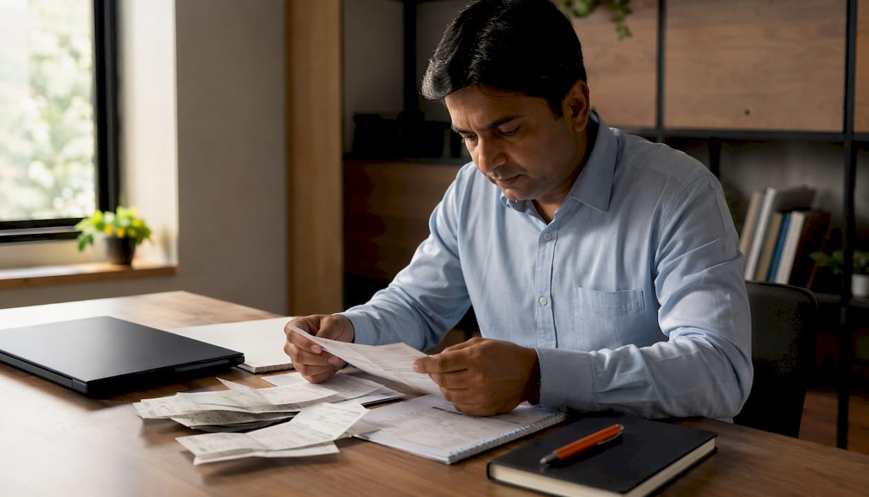 Man organizing financial documents at home