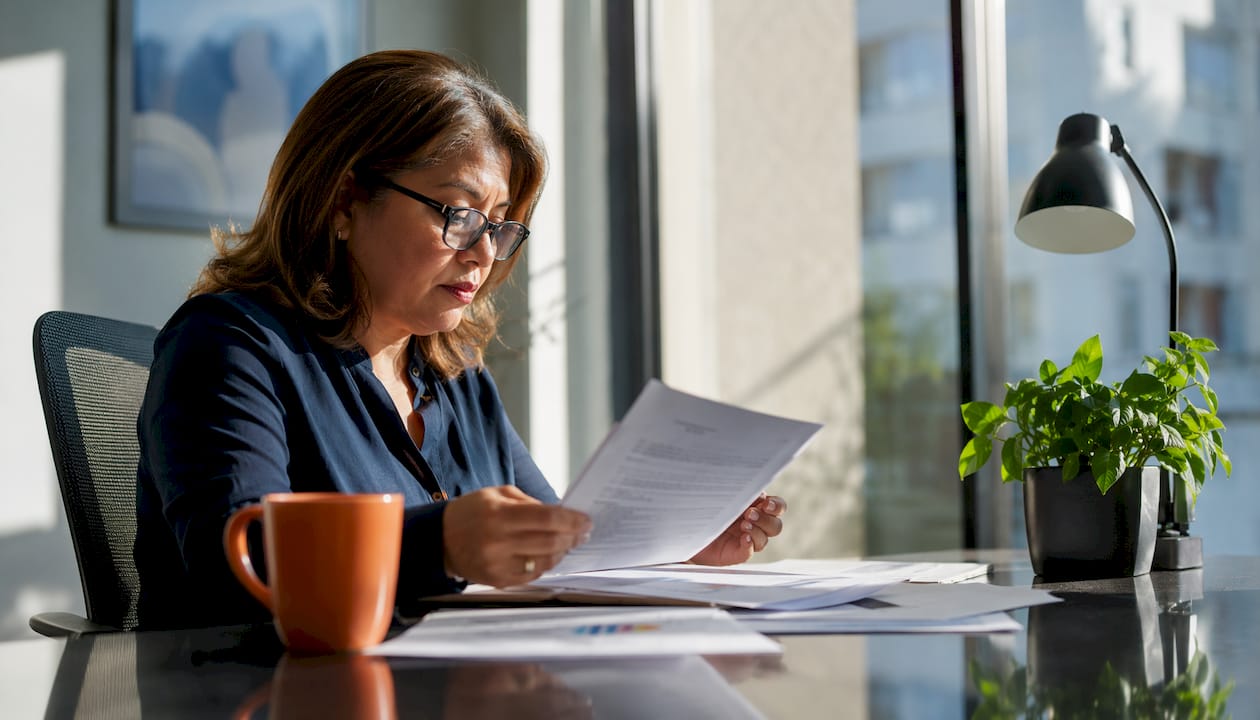 Businesswoman reviewing mortgage documents