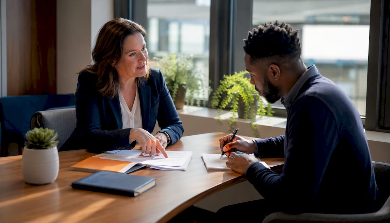 Loan officer advising client in bank office