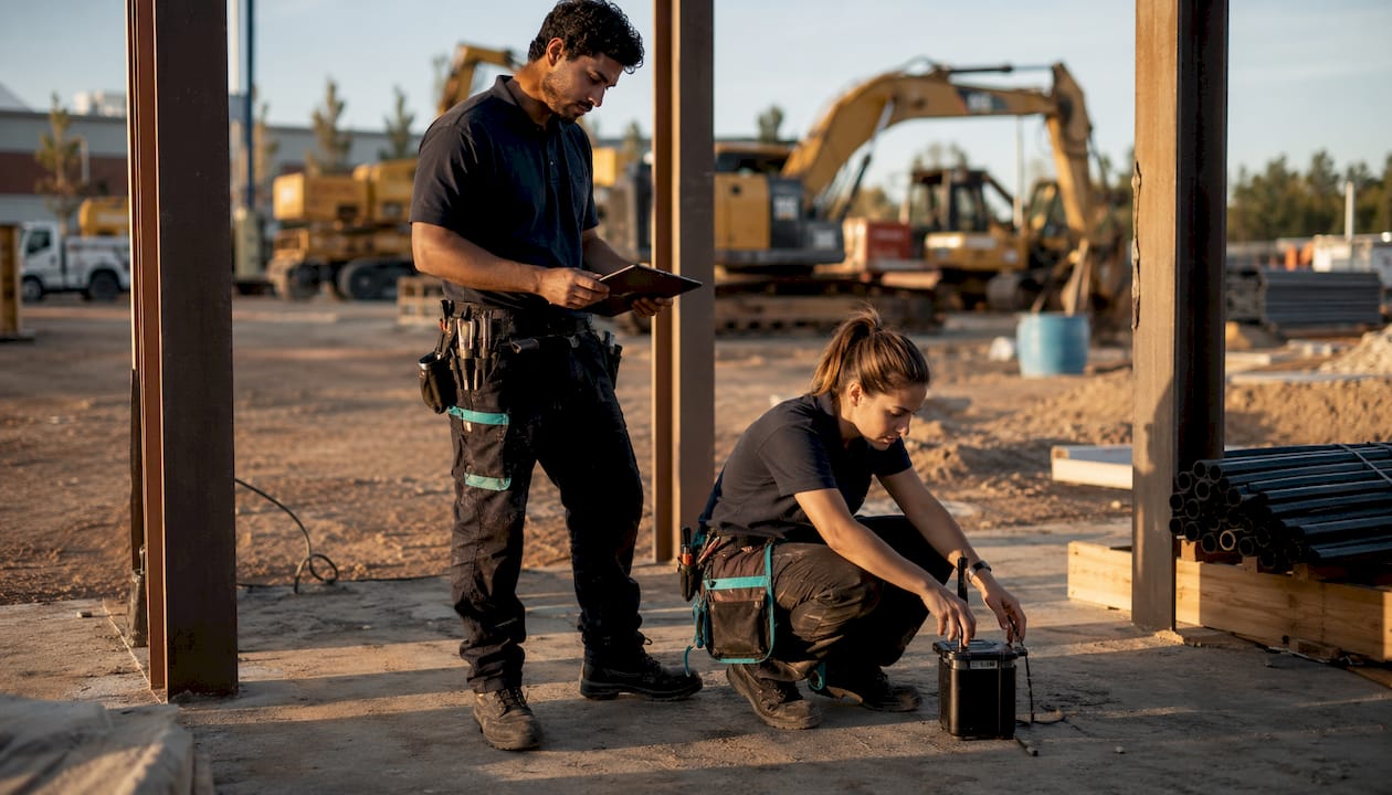 Field technicians clocking in using geofencing on smartphone outdoors