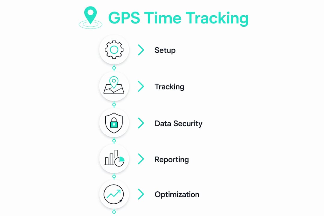 Infographic showing GPS time tracking workflow and benefits