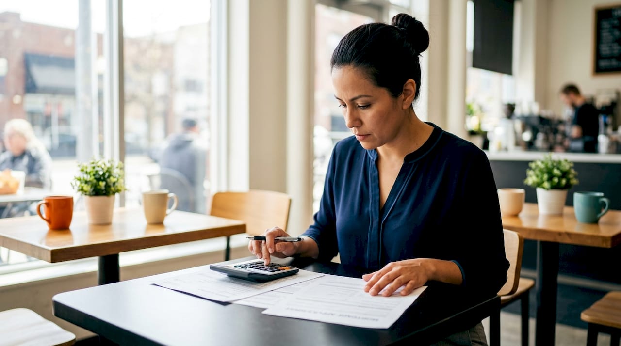 Woman reviewing mortgage documents at home office