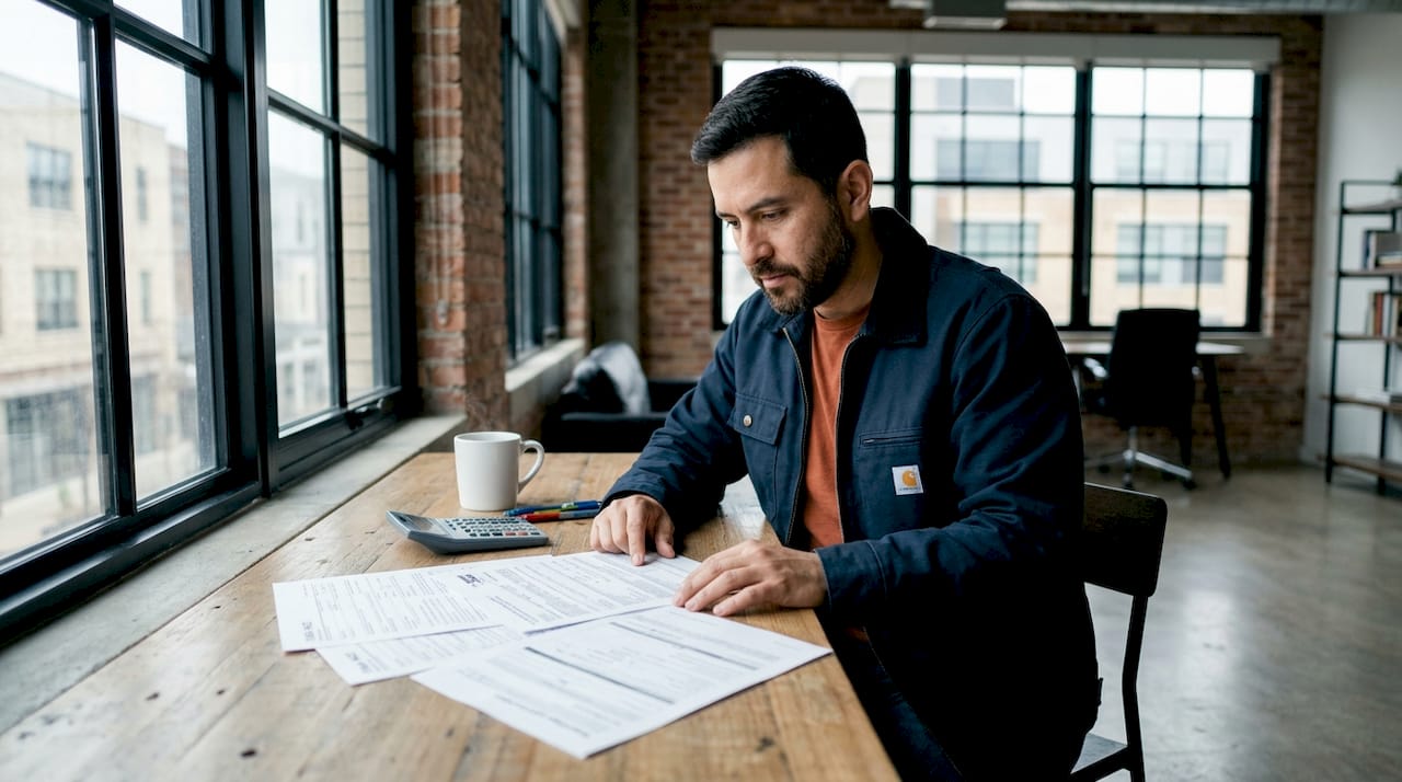 Self-employed borrower reviewing 1099 forms at home desk