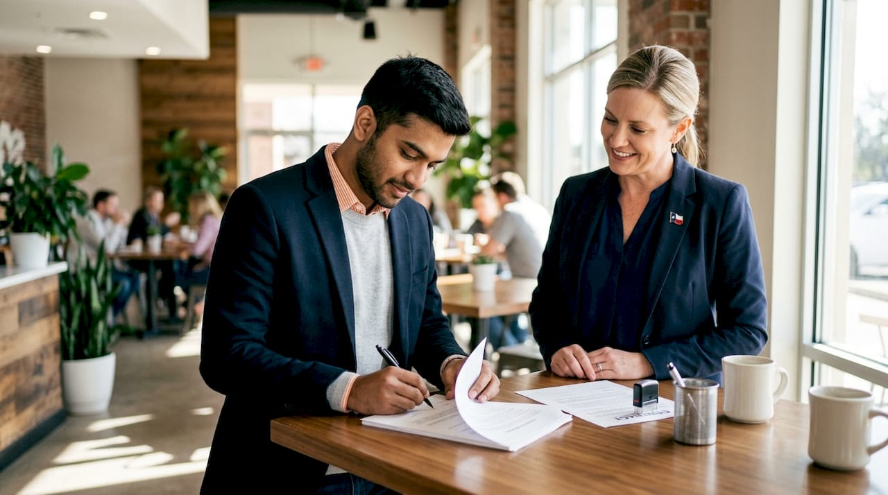 Freelance IT consultant signing loan papers in Texas office
