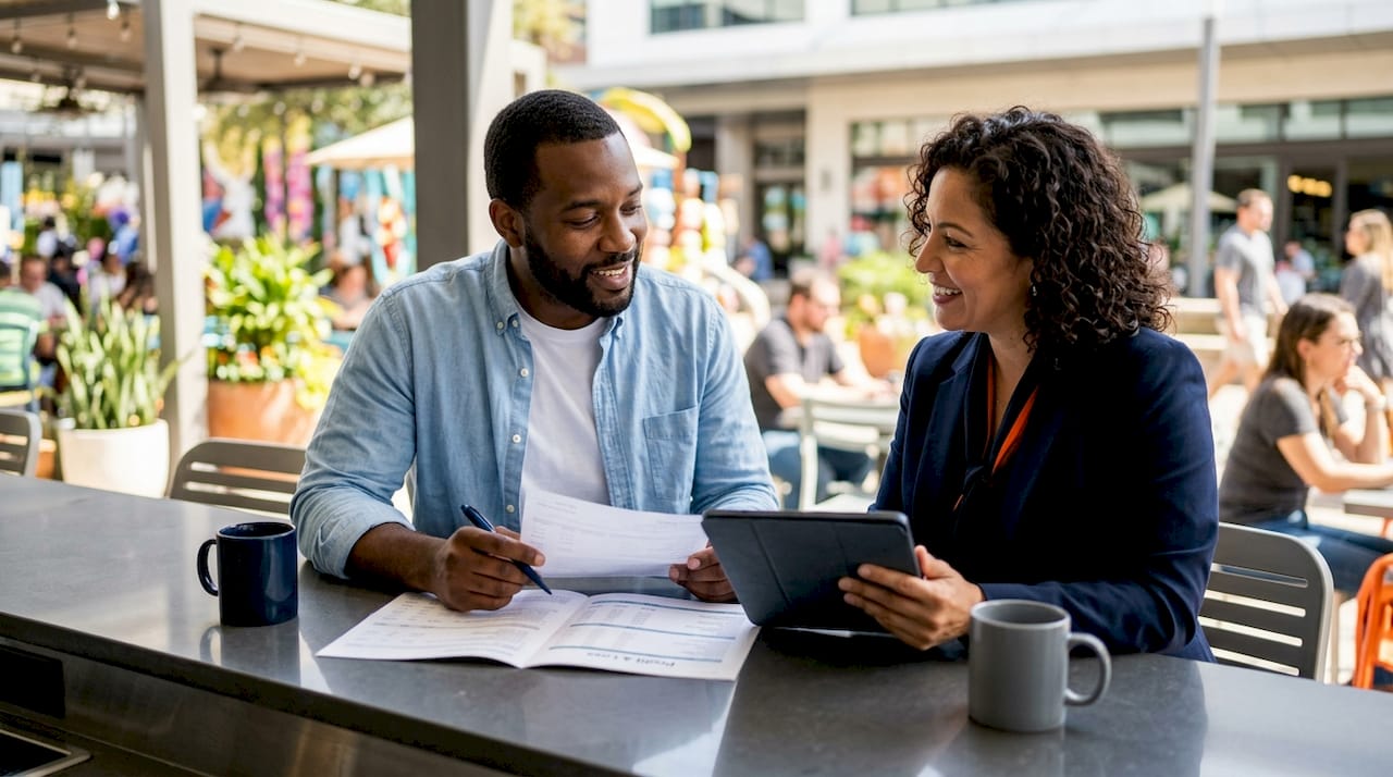 Agent and self-employed buyer reviewing bank statements in café