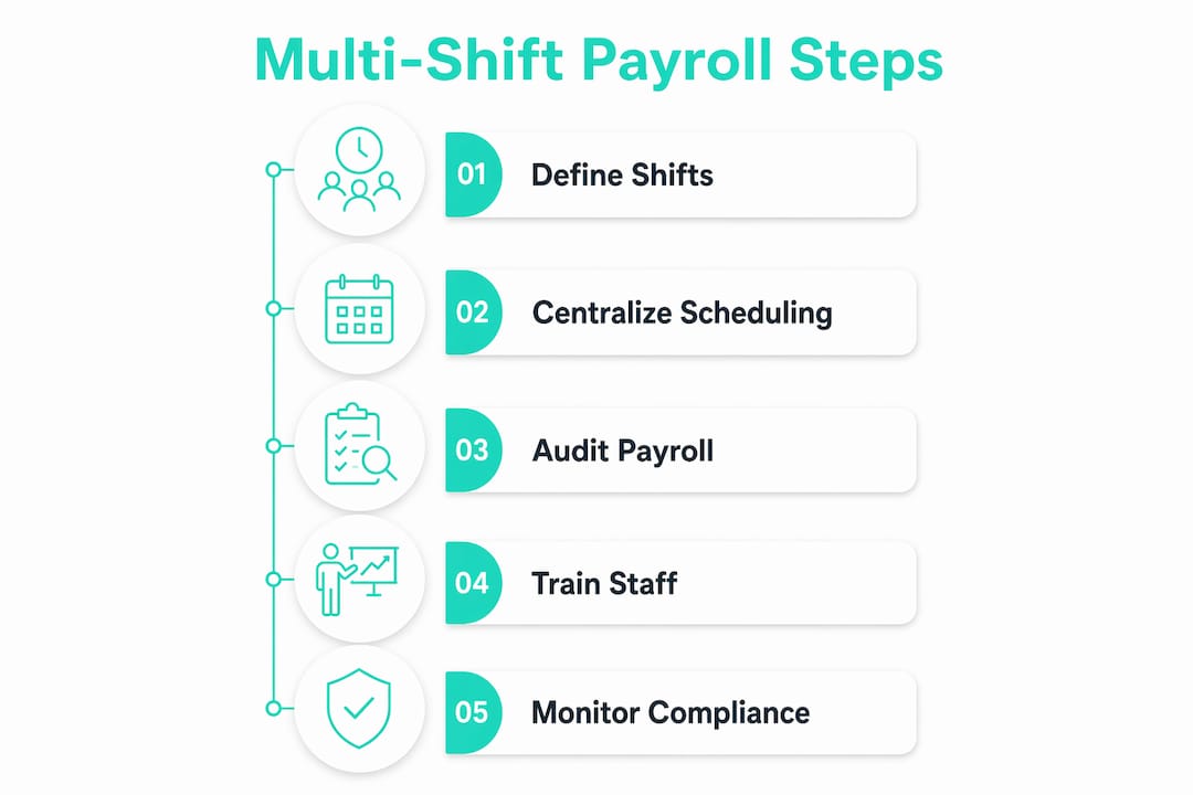 Infographic outlining multi-shift payroll steps