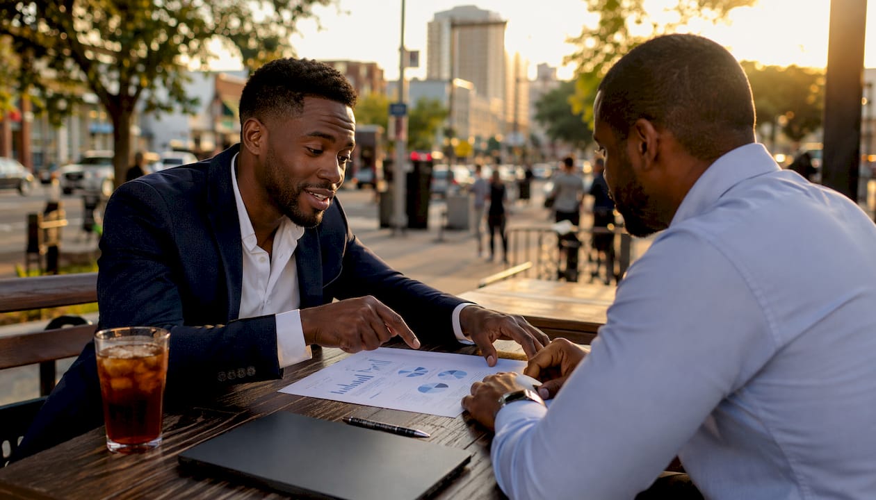 Two men discussing mortgage loans at cafe