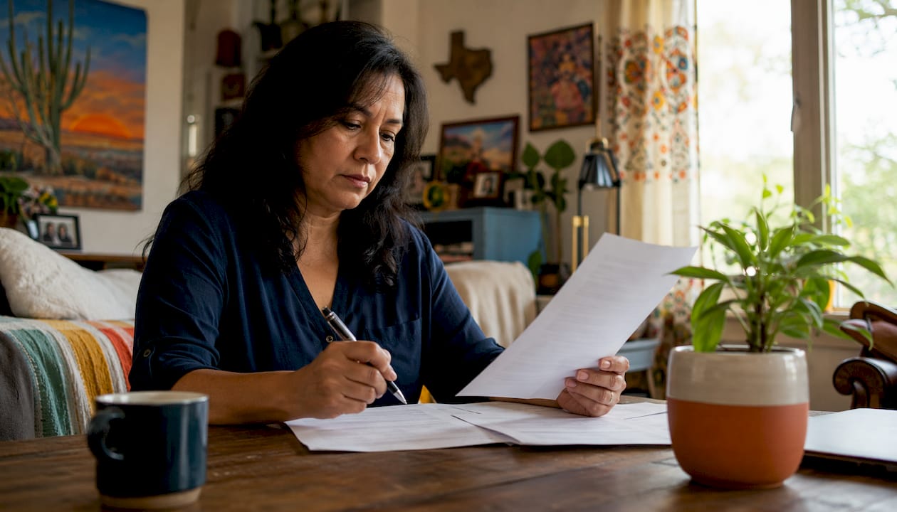 Woman reviewing mortgage papers in home office