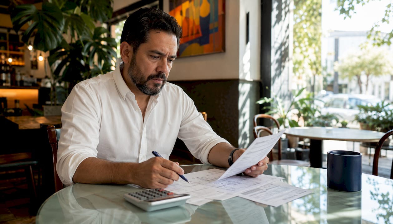 Man reviewing tax documents at home office table