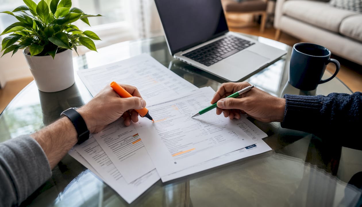 Hands annotating printed tax return pages