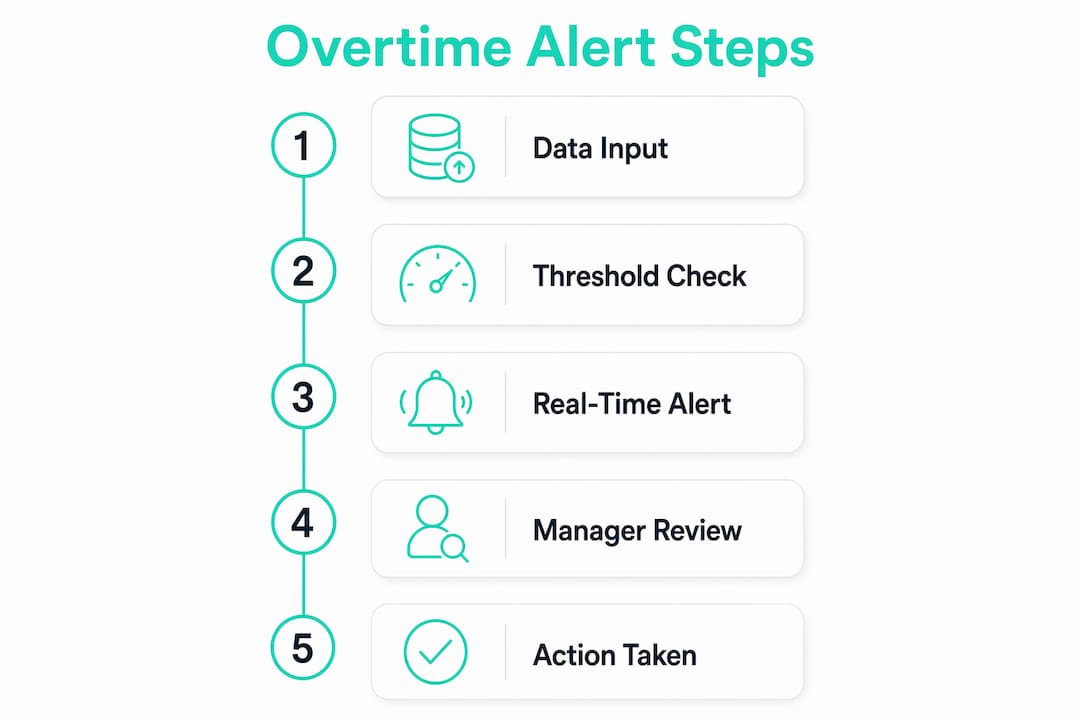 Infographic illustrating overtime alert process steps