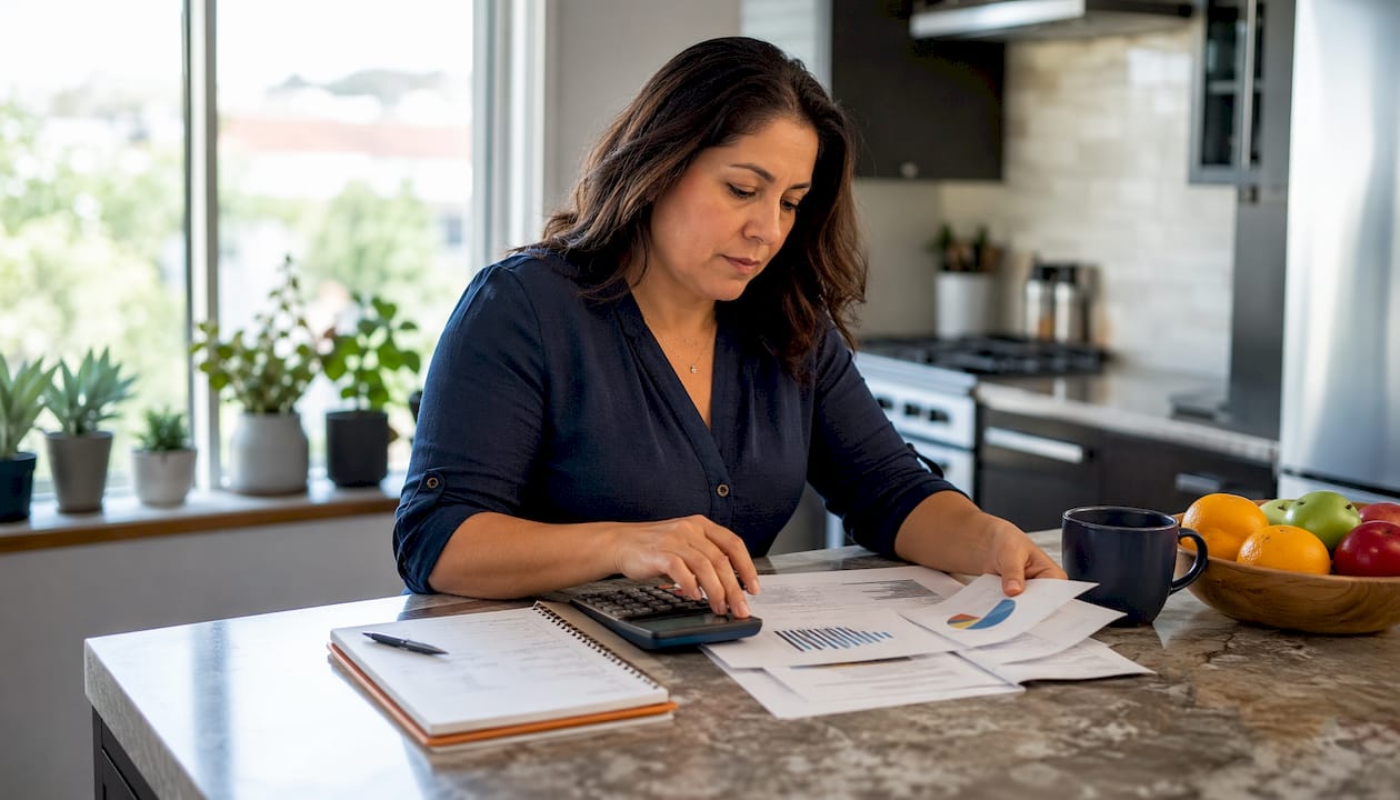 Hands using calculator and mortgage rate charts