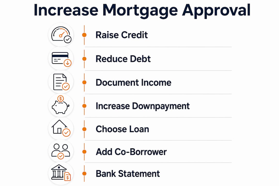 Infographic showing steps to increase mortgage approval amount for self-employed
