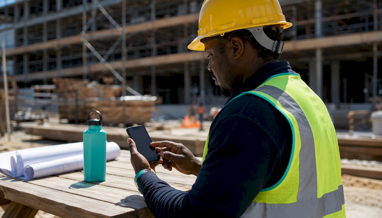Worker clocking in via smartphone outdoors