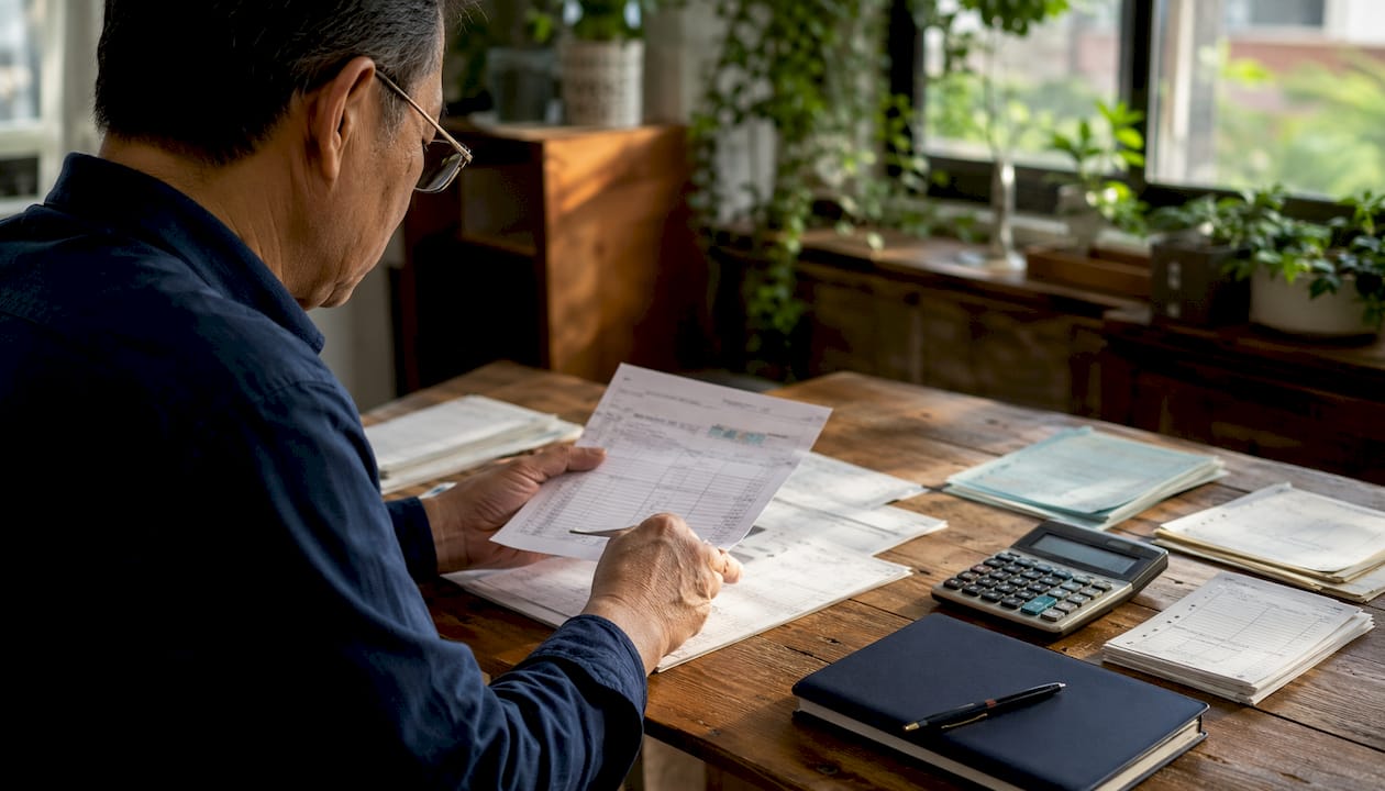 Hands sorting financial documents at glass desk