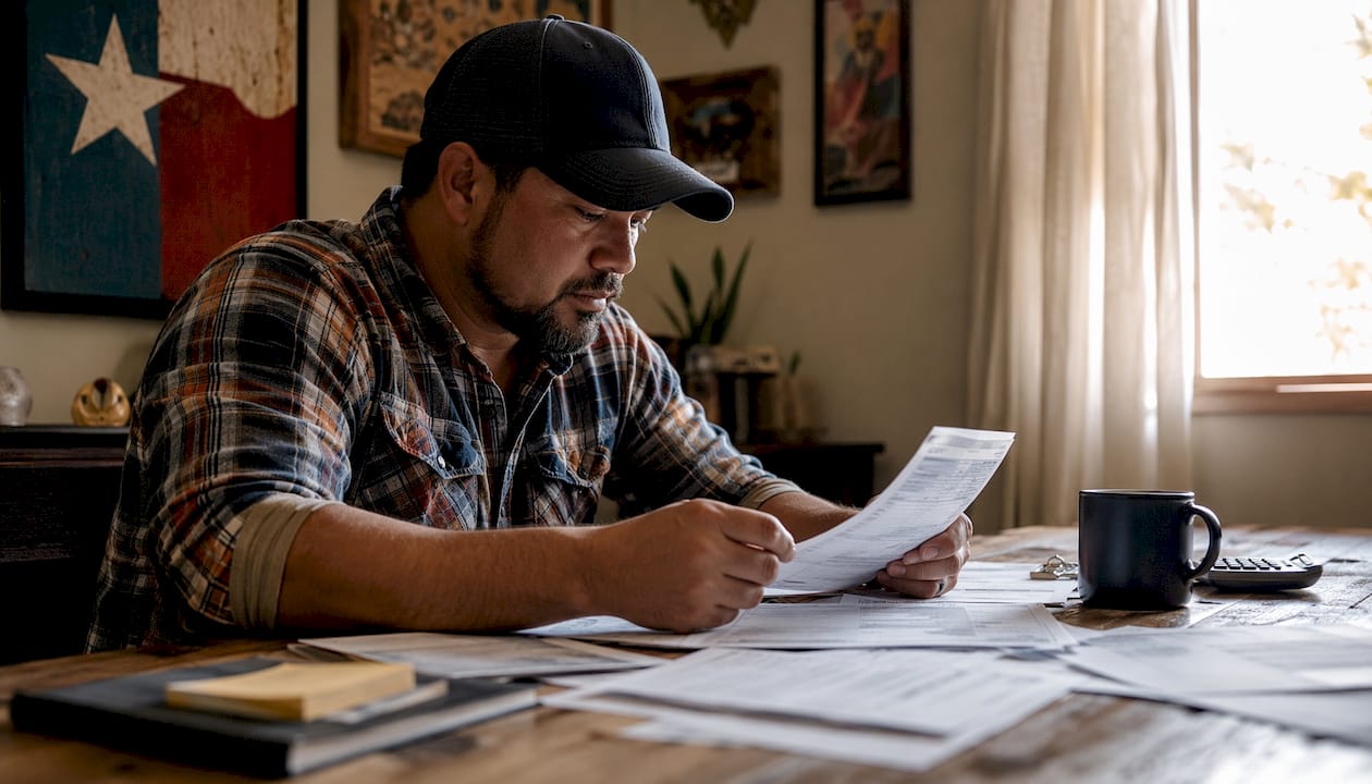 Contractor reviewing 1099 tax documents at home