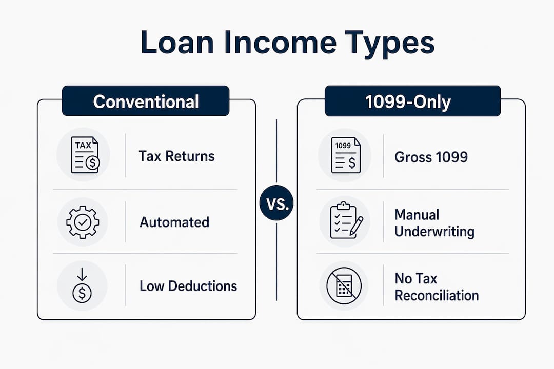 Infographic comparing conventional and 1099-only loan income documentation