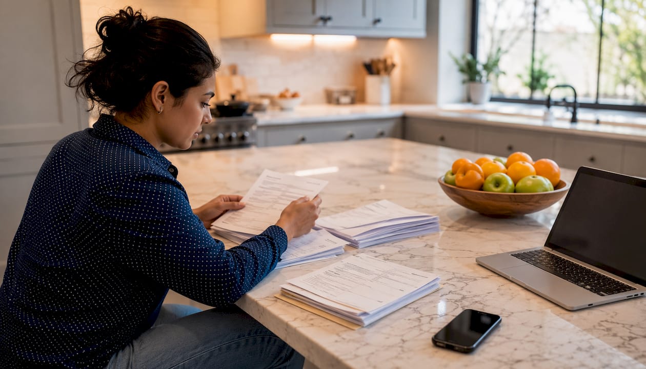 Borrower organizing mortgage documents at home office