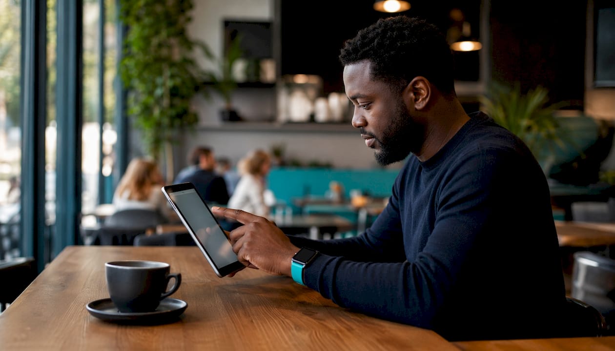 Hands interacting with payroll software tablet