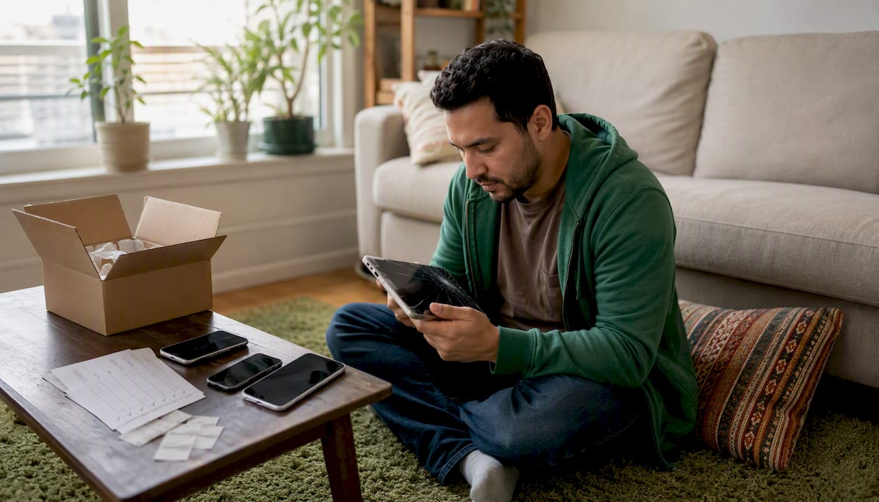 Hands managing multiple trade-in devices and payouts