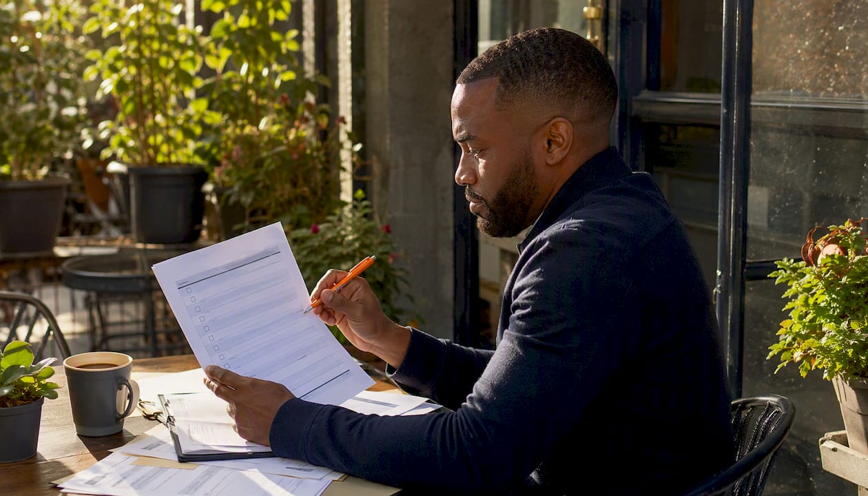 Hands holding VA loan underwriting checklist and pen