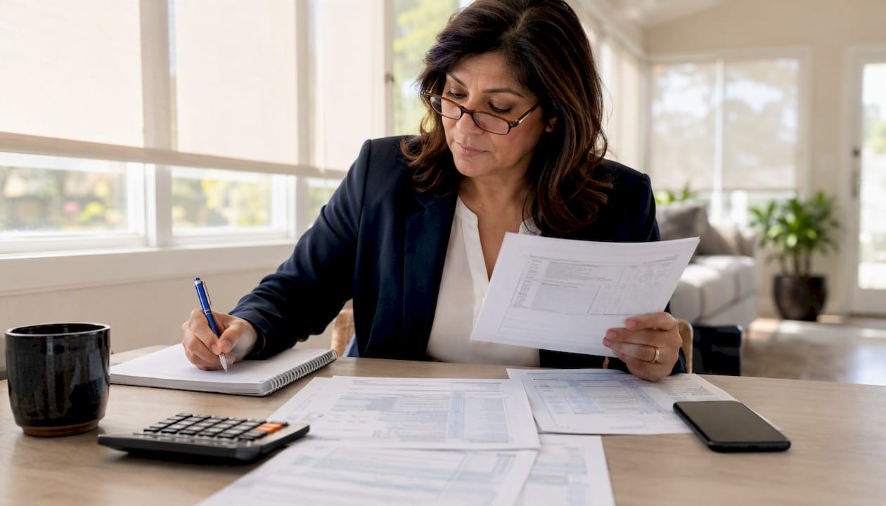 Woman reviewing tax documents at home office table