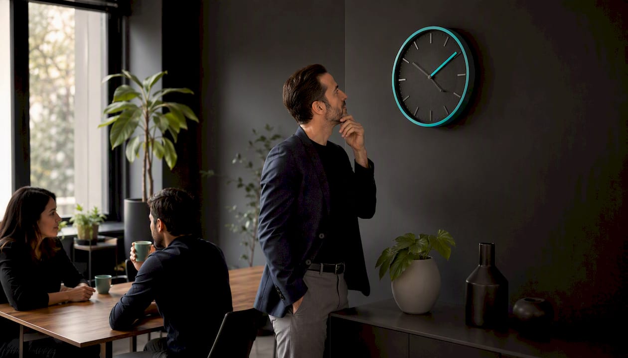 Employee examining time clock device thoughtfully