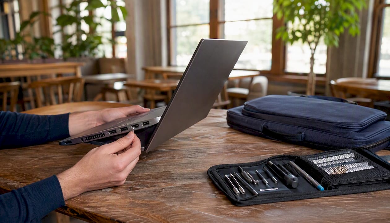Hands inspecting laptop ports carefully