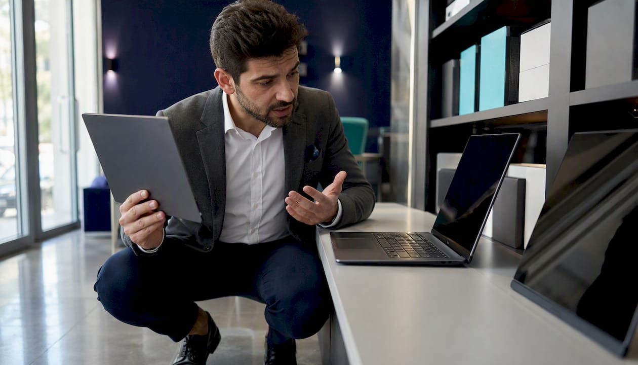 Businessman comparing refurbished laptops at store