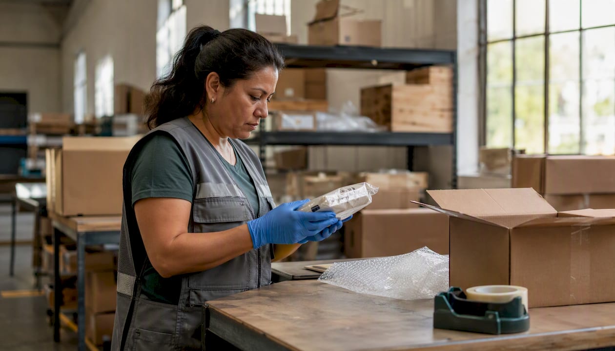 Worker inspecting returned packages in warehouse