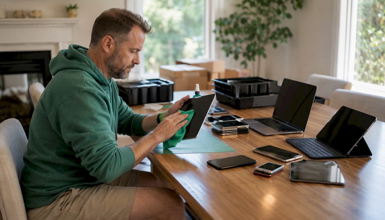 Seller polishing smartphone at home setup