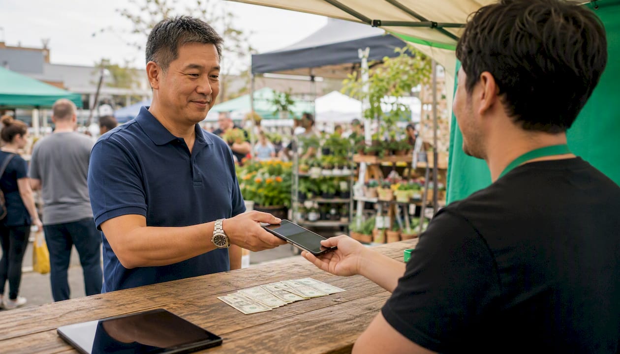 Handing over phone and receiving cash at trade-in counter
