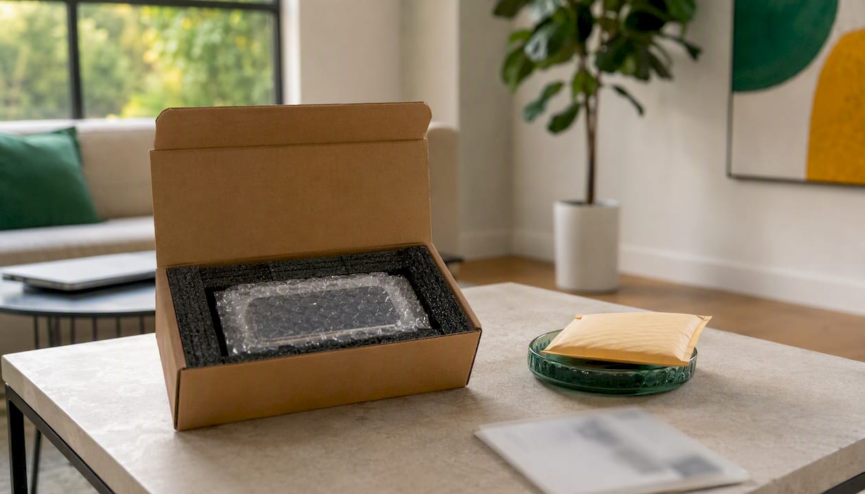 Prepared phone trade-in shipping box on desk
