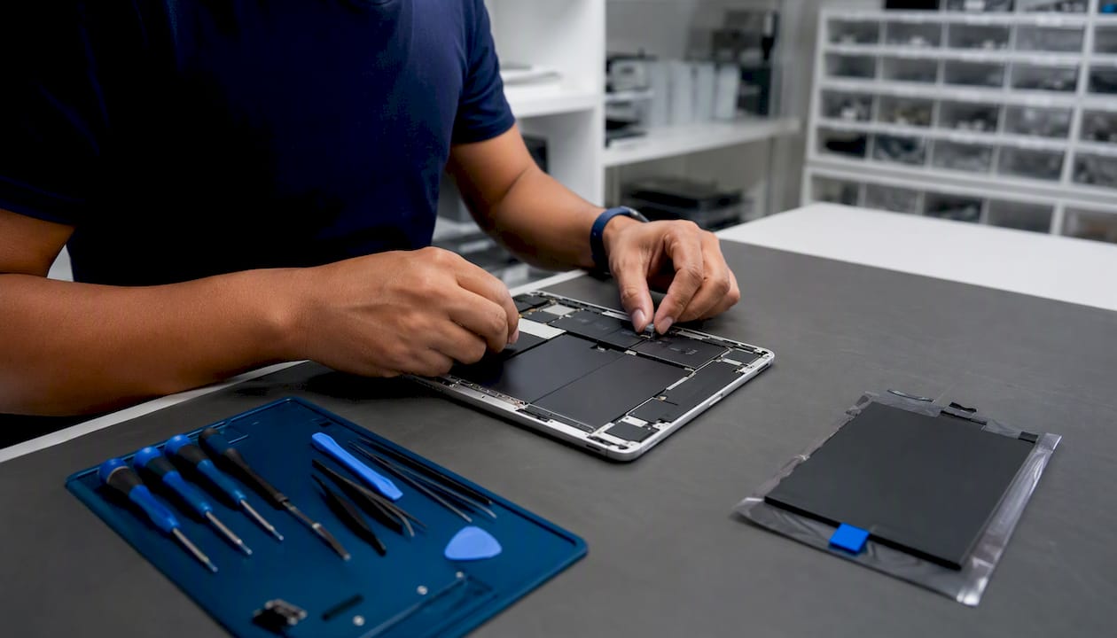 Technician assembling iPad components on workbench