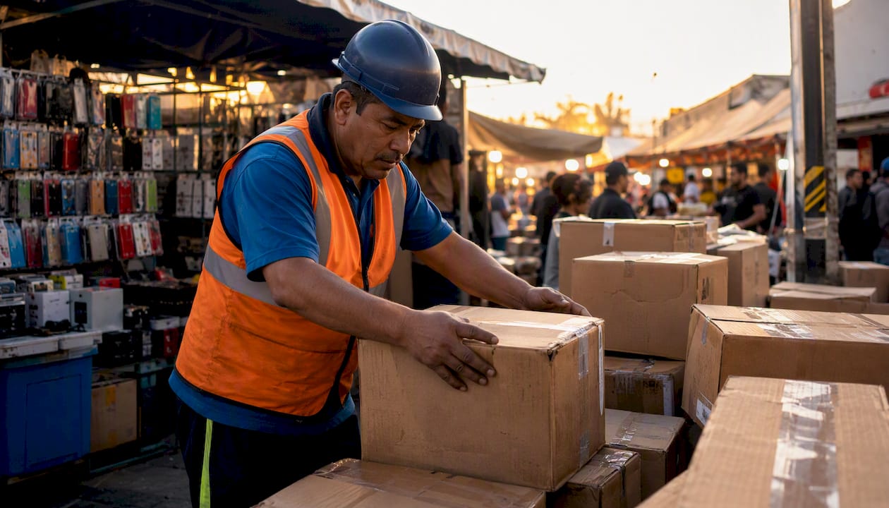 Warehouse worker stacking Amazon Renewed boxes