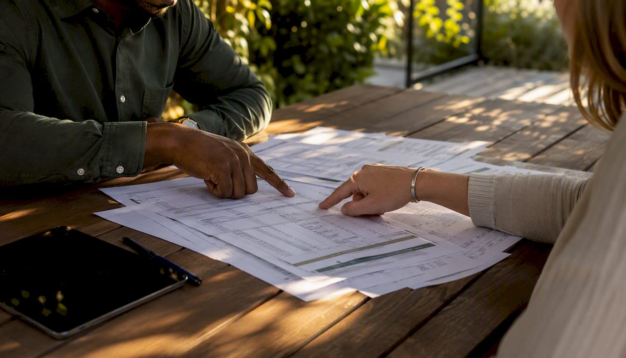 Overhead shot of hands discussing accounting spreadsheets
