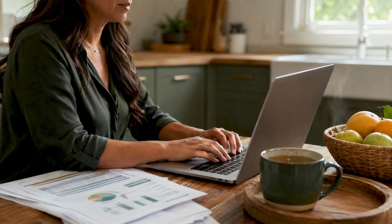 Hands typing on laptop in minimalist coworking space