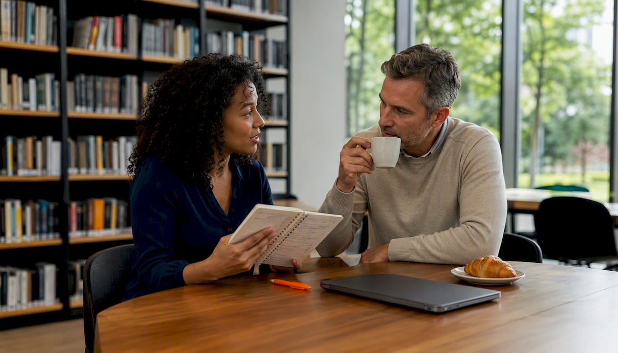 Two professionals discussing mortgage referral safely