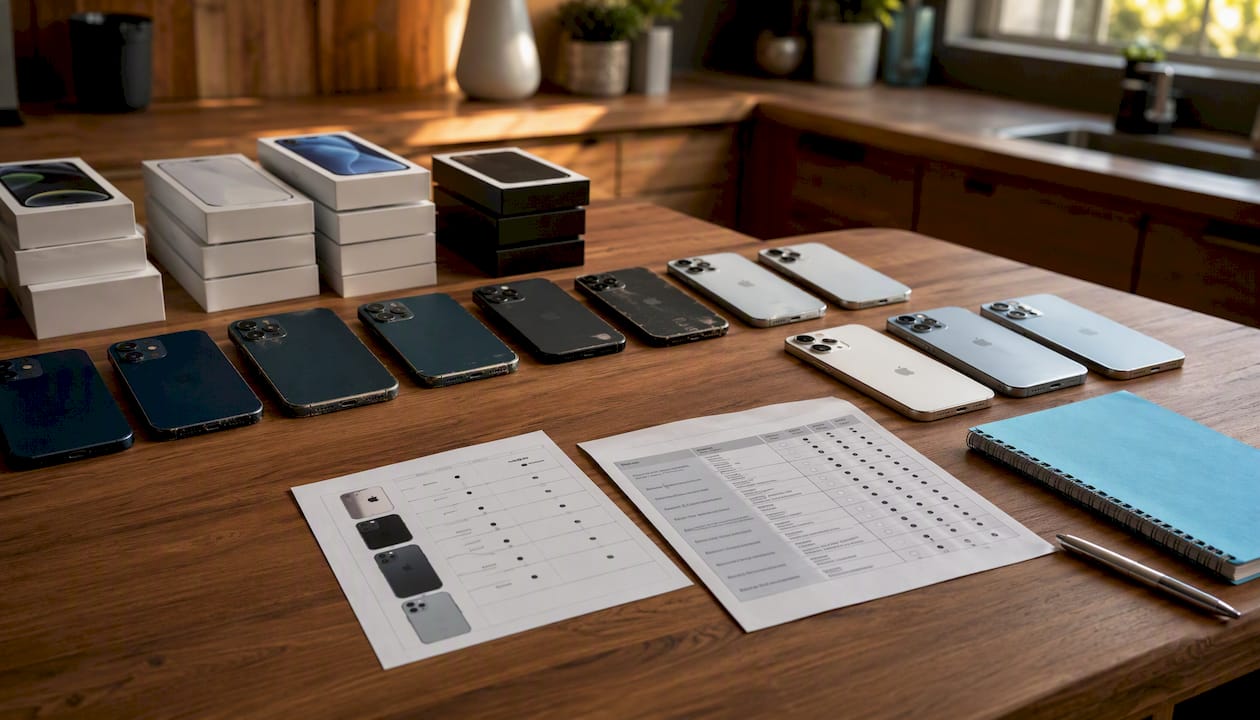 Overhead view of wholesale iPhone models and grading chart