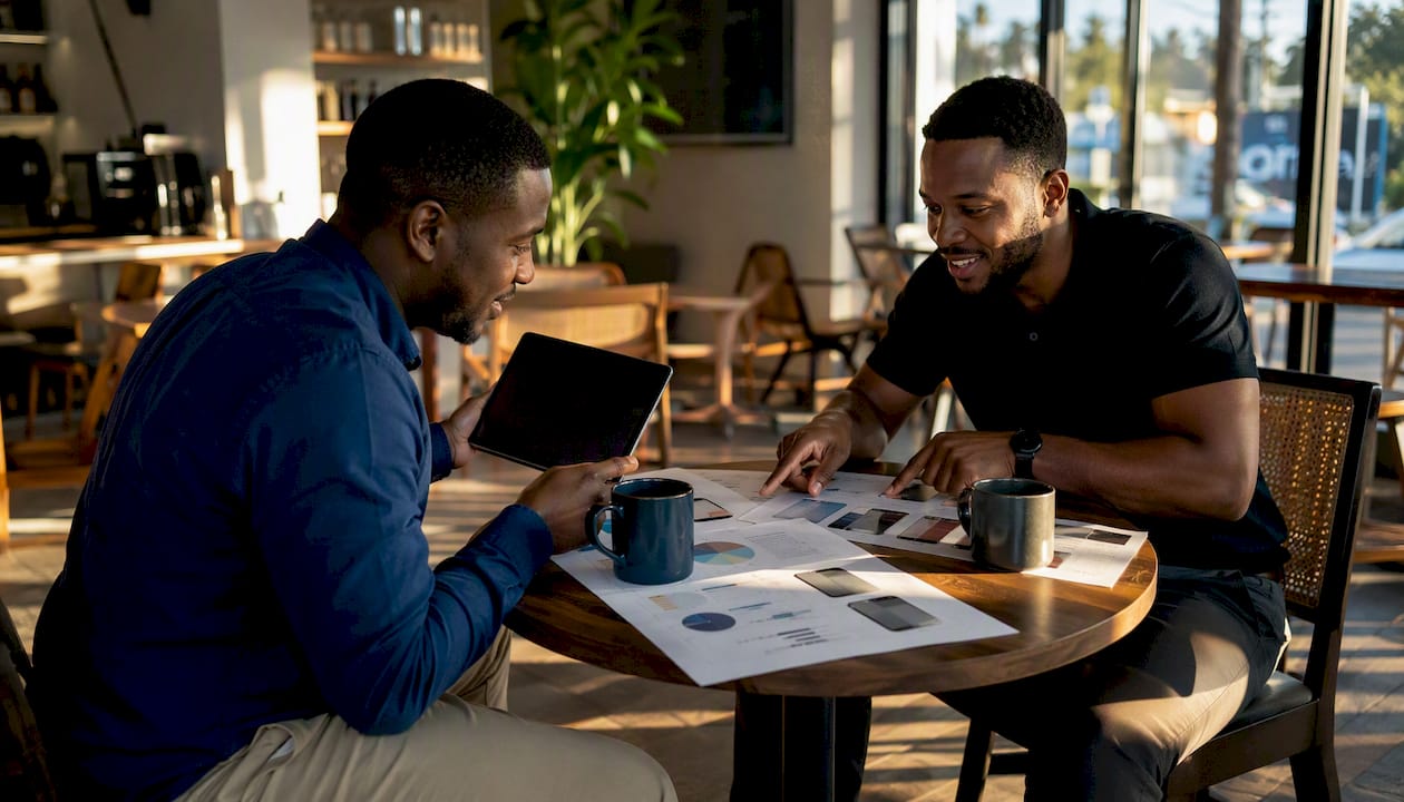 Two men discussing iPhone auction budget